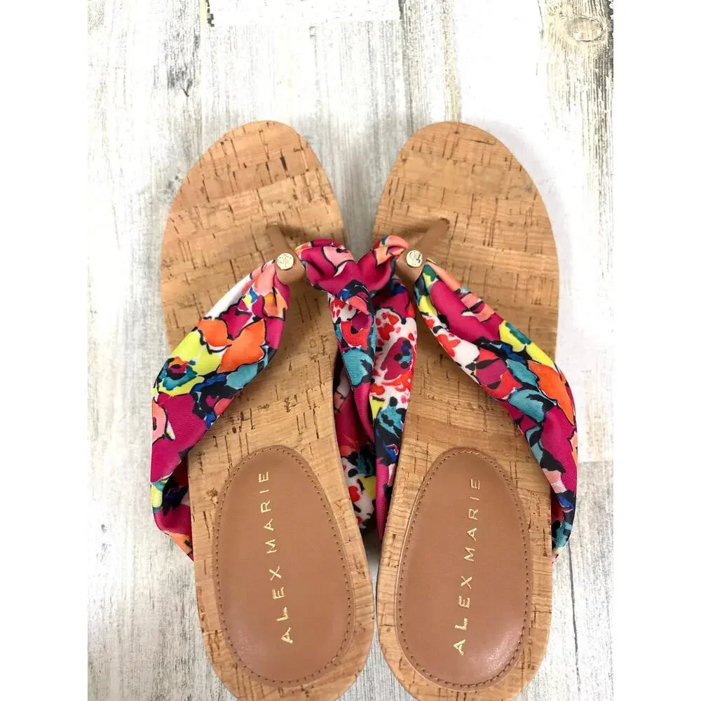 Alex Marie Womens 7.5 Multicolor Floral Fabric Cork Wedge Slip On Sandals NEW